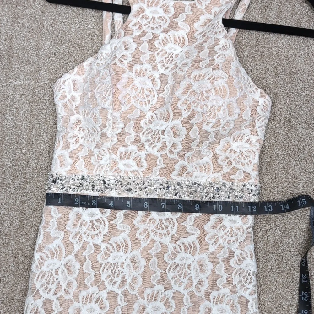 Long Lace Dress with Cutaway Bodice and Slit Skirt - Picture 9 of 14